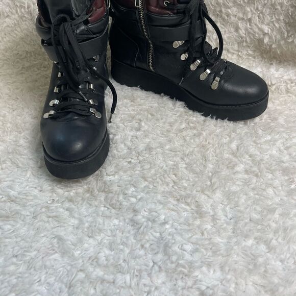 Steve Madden  Black Leather lace up wedge Boots brown trims side zipper … - Picture 2 of 14